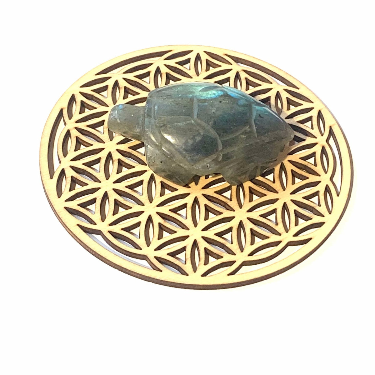 Tortue en Labradorite, aux teintes chatoyantes de bleu, vert et doré, symbole de protection, transformation et sérénité intérieure