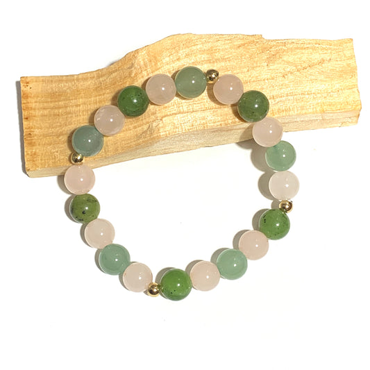 Bracelet Jade Néphrite, Aventurine Verte & Quartz Rose