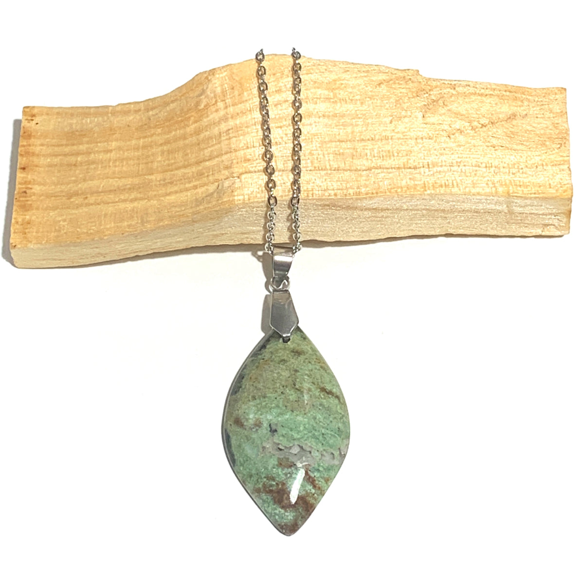 Collier en acier inoxydable avec pendentif en chrysoprase, pierre de guérison émotionnelle et d'ouverture du cœur