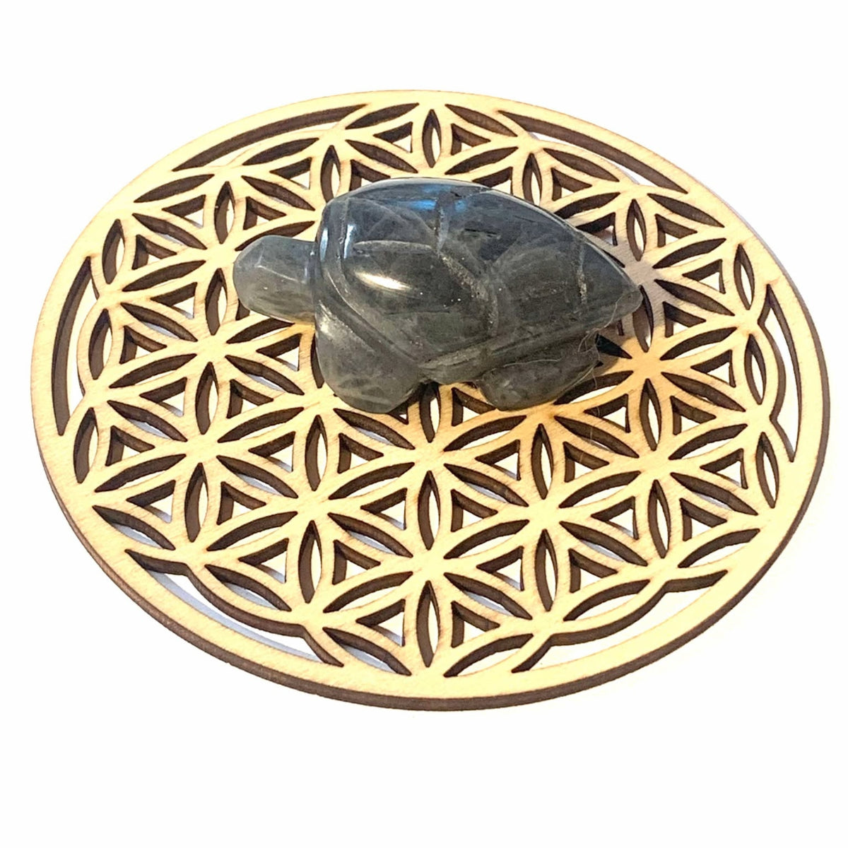 Tortue en Labradorite, aux teintes chatoyantes de bleu, vert et doré, symbole de protection, transformation et sérénité intérieure